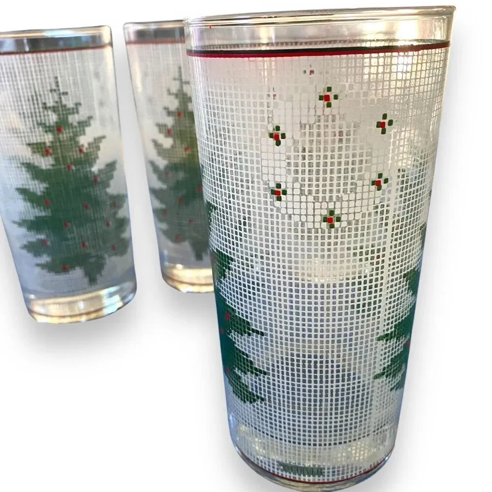 Vintage 4 pc CULVER Needlepoint Holiday Christmas Tree Glasses Highball Tumbler